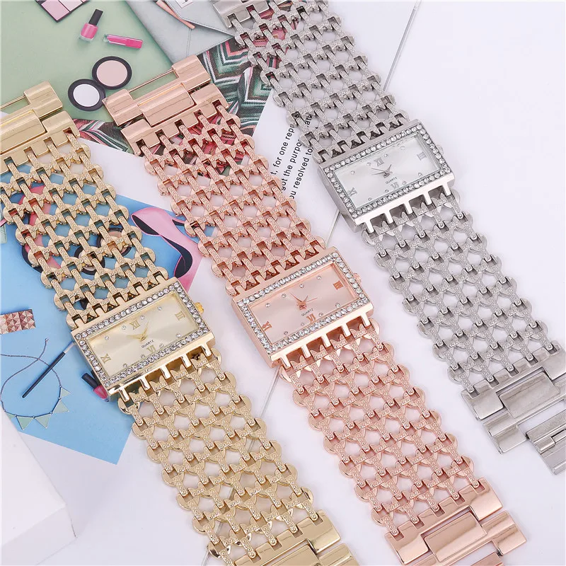 

2019 Square Full Diamond Bracelet Watch Analog Quartz Movement Wrist Watch Stainless Steel Chain Gold Silver Quartz Watch