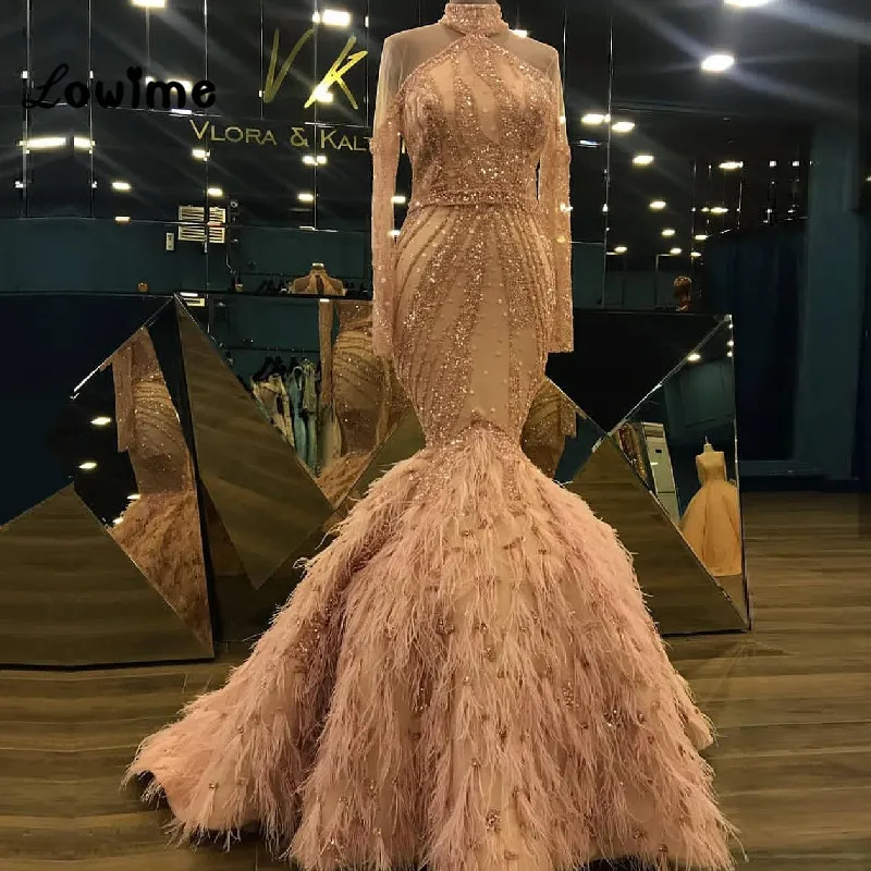

Feather Gorerous Evening Dress Full Beaded Mermaid Party Gowns 2018 Abendkleider Long Dresses Abiye Robe Longue Prom Dresses