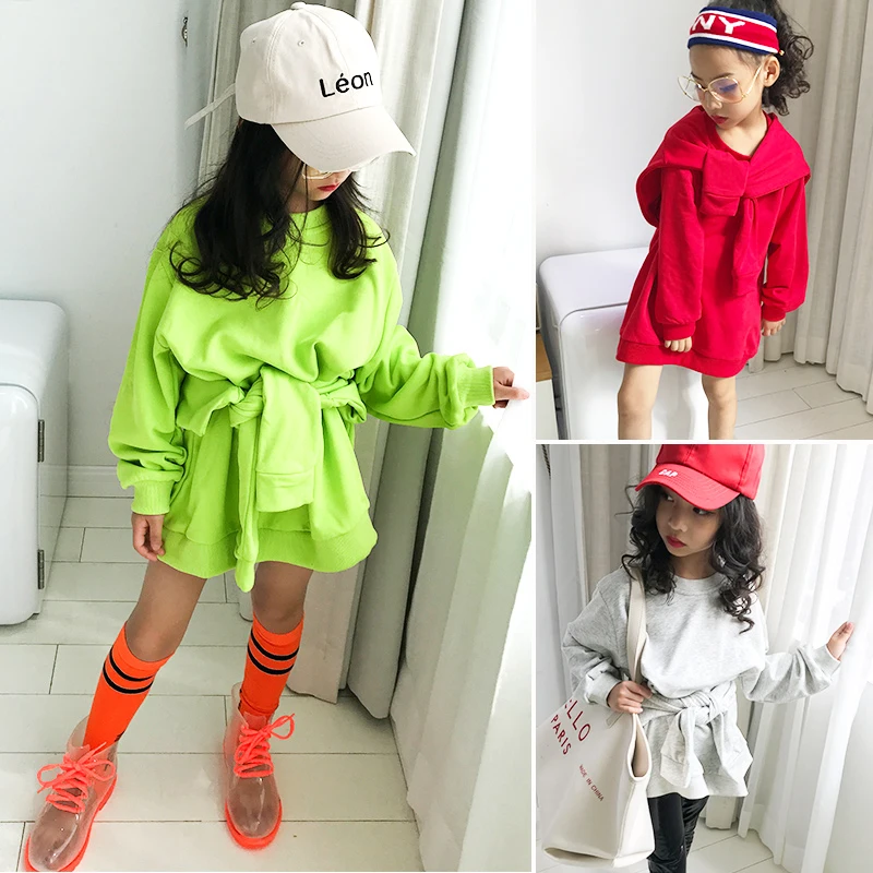 

Baby girl cotton sweater 2019 autumn new long children's children's clothing irregular long thick round neck collar T shirt
