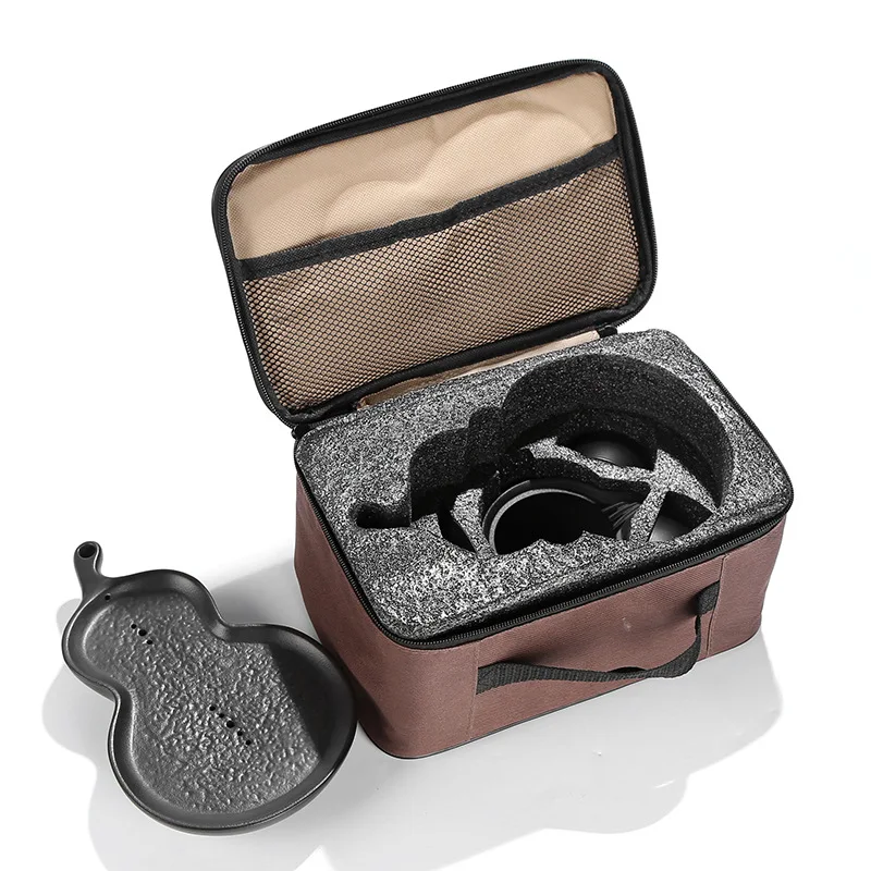  A pot of two cups of antique rough pottery with dry tea tray portable travel Kung Fu tea gift