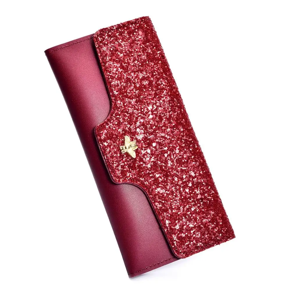 

Women's Three Fold Wallet Long Fashion Korean Sequins Multi-Functional Zipper Handbag Fresh Wallet PU Leather Bag Coin Purse