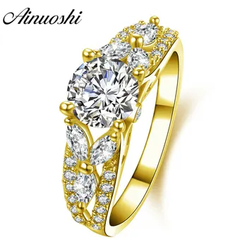 

AINUOSHI 14K Solid Yellow Gold Round Ring Fine Leaf Band 1 CT SONA Diamond Trendy Women Wedding Engagement Flower Band Ring