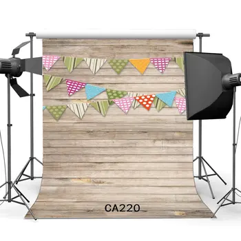 

5x7ft Photography Backdrop Hanging Flags Nostalgia Stripe Wooden Floor Toddlers Birthday Portraits Background