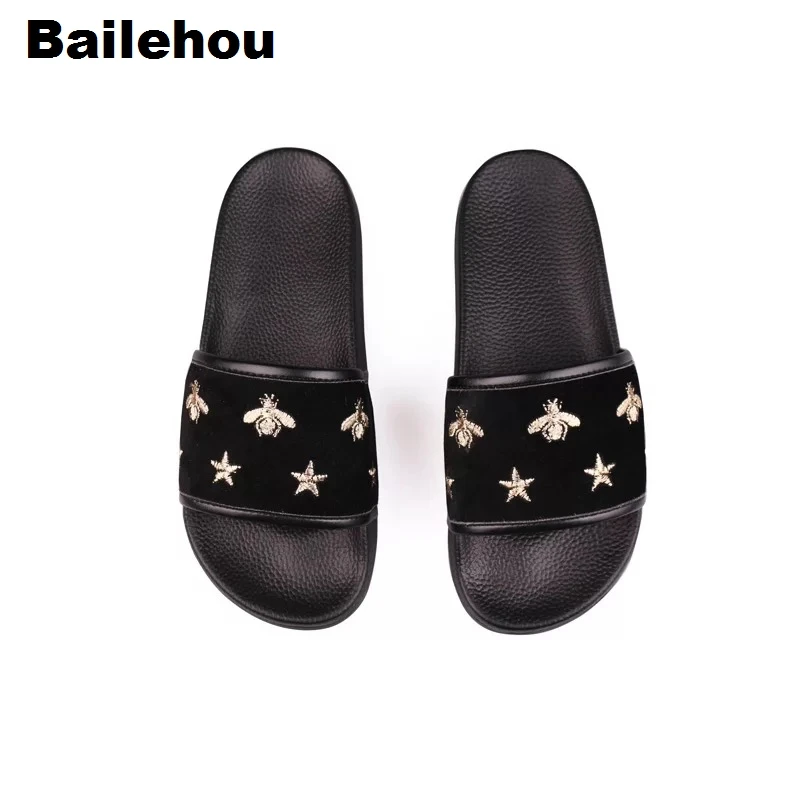 

Bailehou Women Slippers Platform Summer Sandals Brand Bee Star Embroider Outdoor Slide Slip On Flip Flops Flock Women Flat Shoe