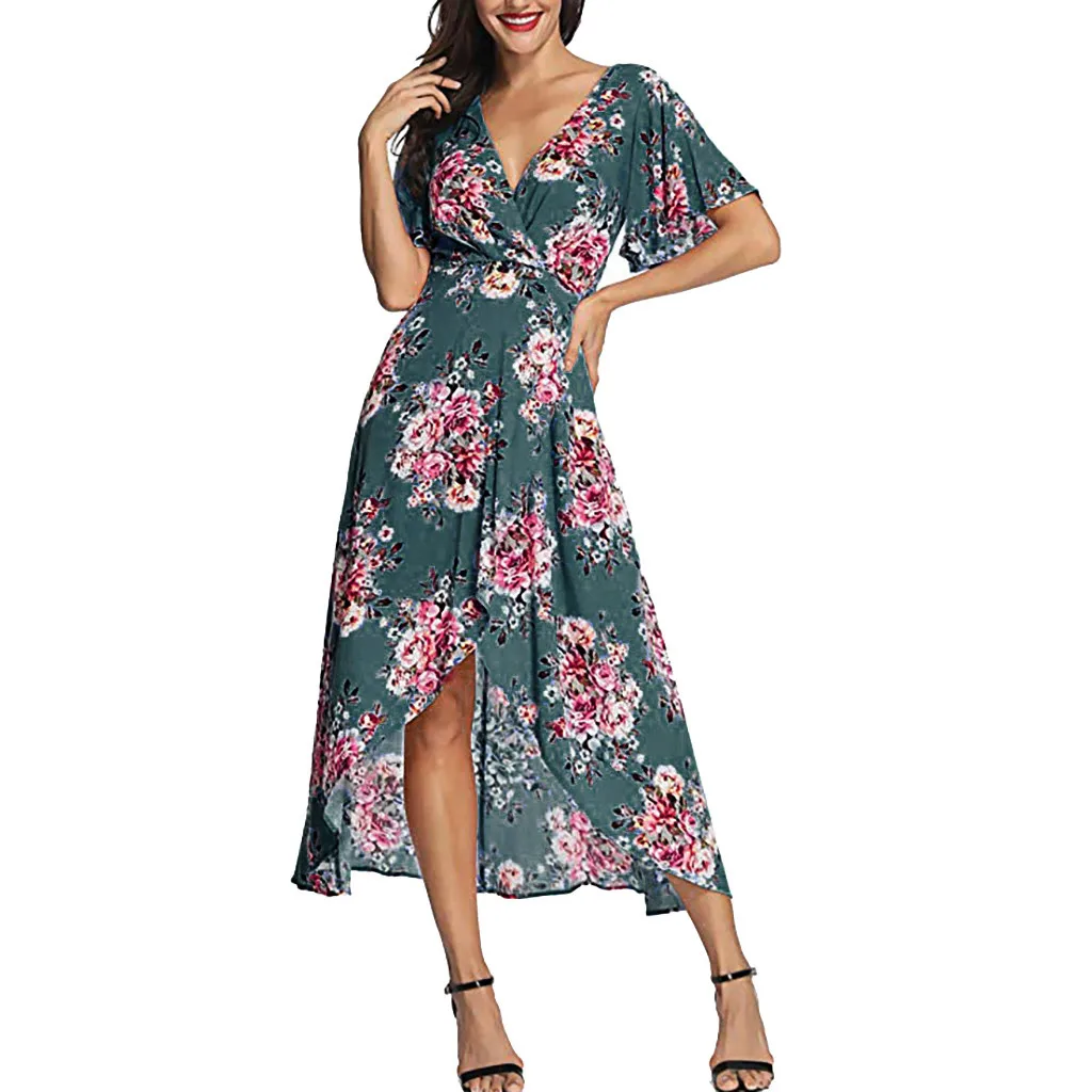 TELOTUNY Ladies Dress Women Summer V Neck Short Sleeve Floral Print Beach Party Wedding Long Dress Women Dress Fashion Hot Jan22