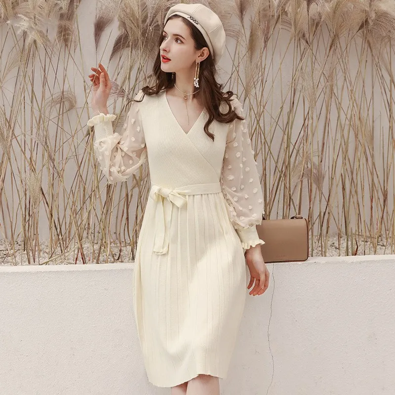

2019 Autumn and Winter New Women's Chiffon Stitching Long Sweater Dress Pleated Knit Dress Fashion Women's Knit Sexy Dress