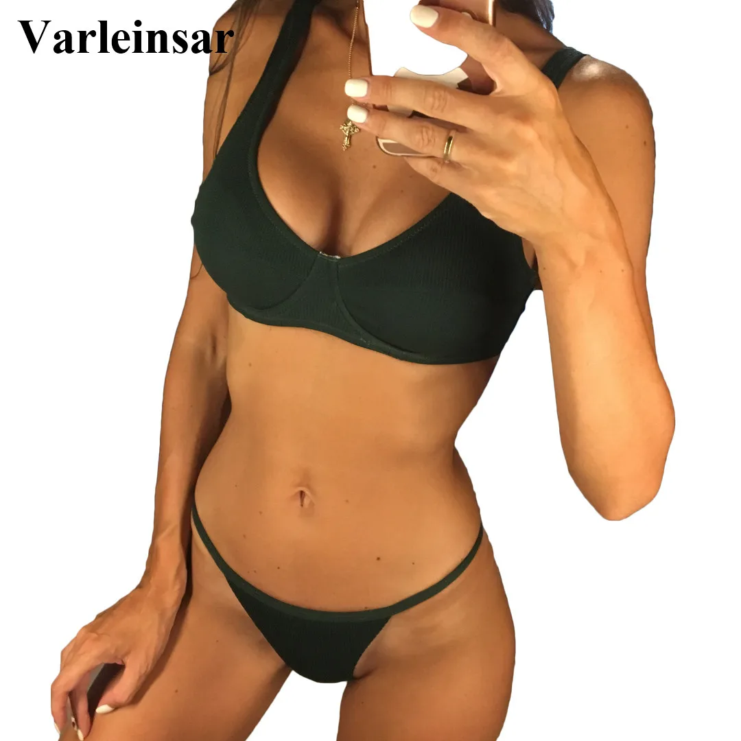 

5 Colors 2019 New Sexy Ribbed Bra Bikini Female Swimsuit Women Swimwear Two-pieces Bikini set Bather Bathing Suit Swim Lady V780