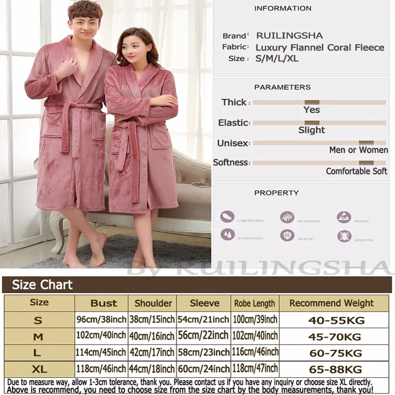 mens pjs sale On Sale Men Women Luxury Winter Bathrobe Mens Warm Silk Flannel Long Kimono Bath Robe Male Bathrobes Lovers Night Dressing Gown mens silk pajamas