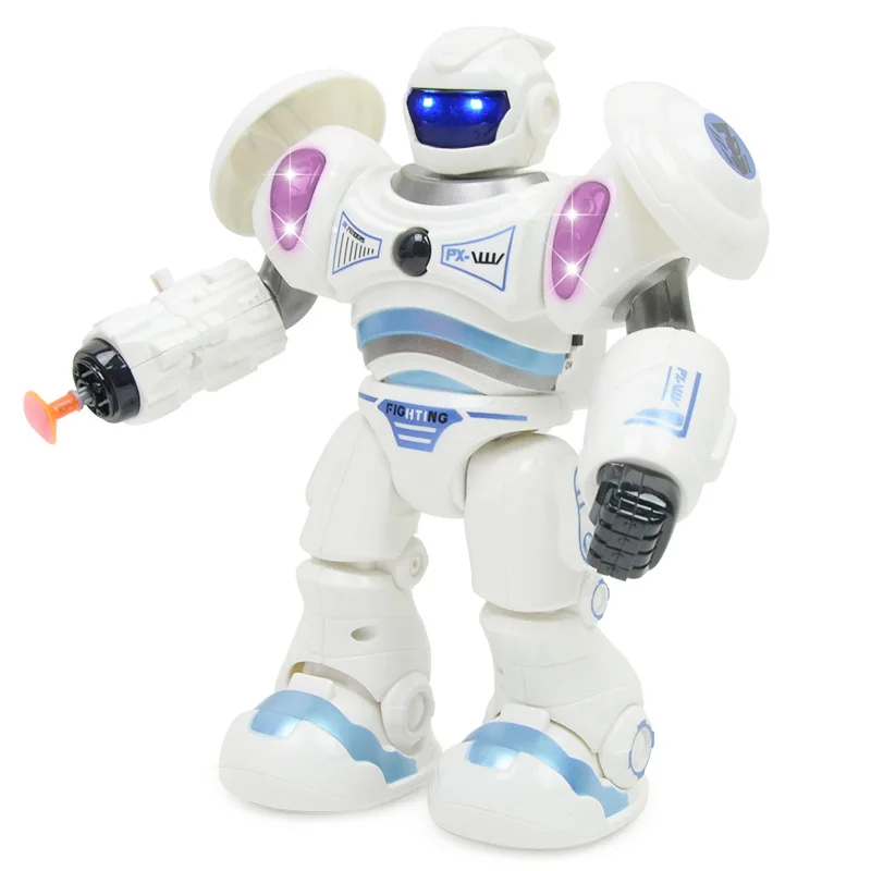 

New electric robot, lighting, sound effect, space police boy toy will walk soft projectile robot on foot.
