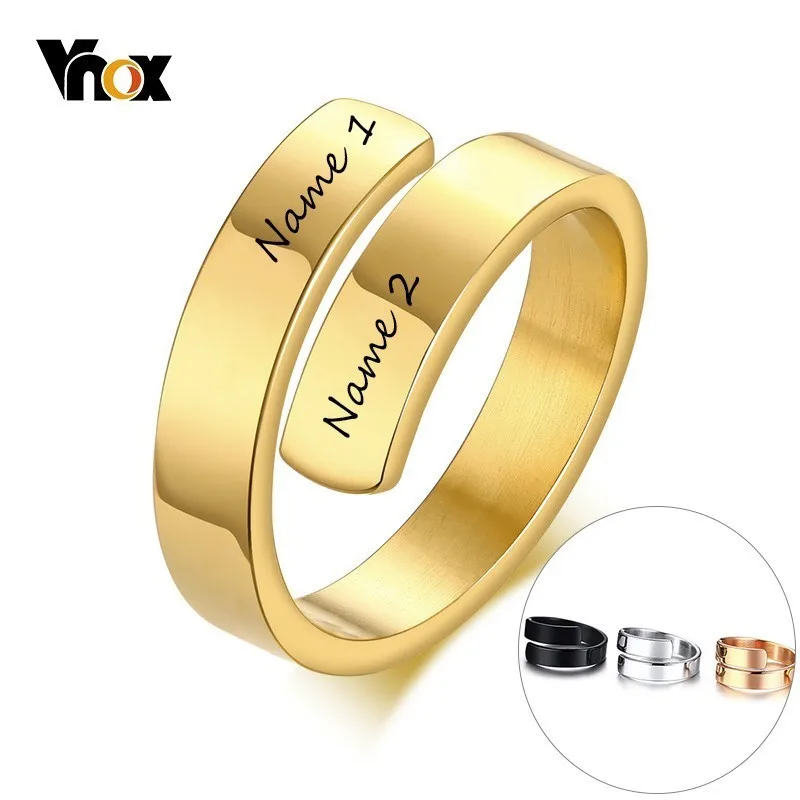 

Vnox Adjustable Ribbon Design Free Custom Name Ring for Women Glossy Stainless Steel Band Elegant Personalize Layered Ring Gift
