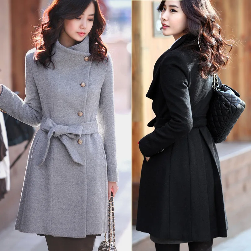 Office Lady Women Long Woolen Coat Double Breasted Women's Jacket Turn ...