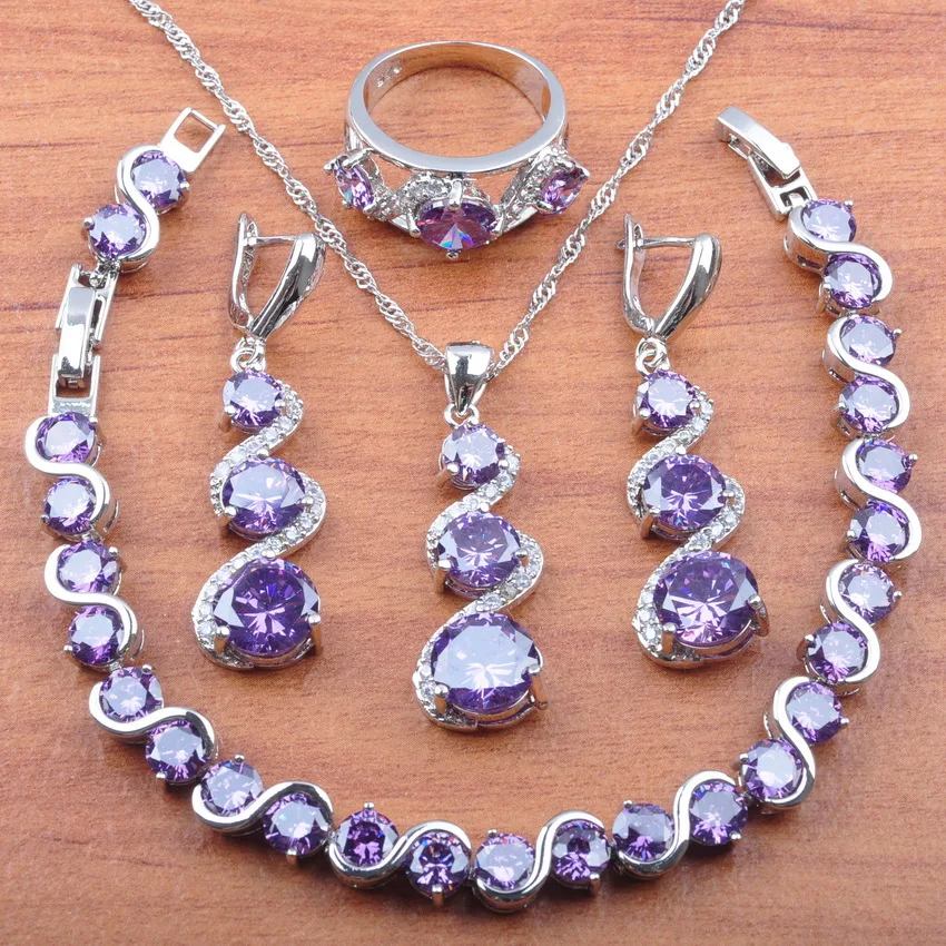 

2019 New Women Wedding Jewelry Purple Zirconia 925 Sterling Silver Jewelry Set Earrings/Pendant/Necklace/Bracelet/Ring JS0135