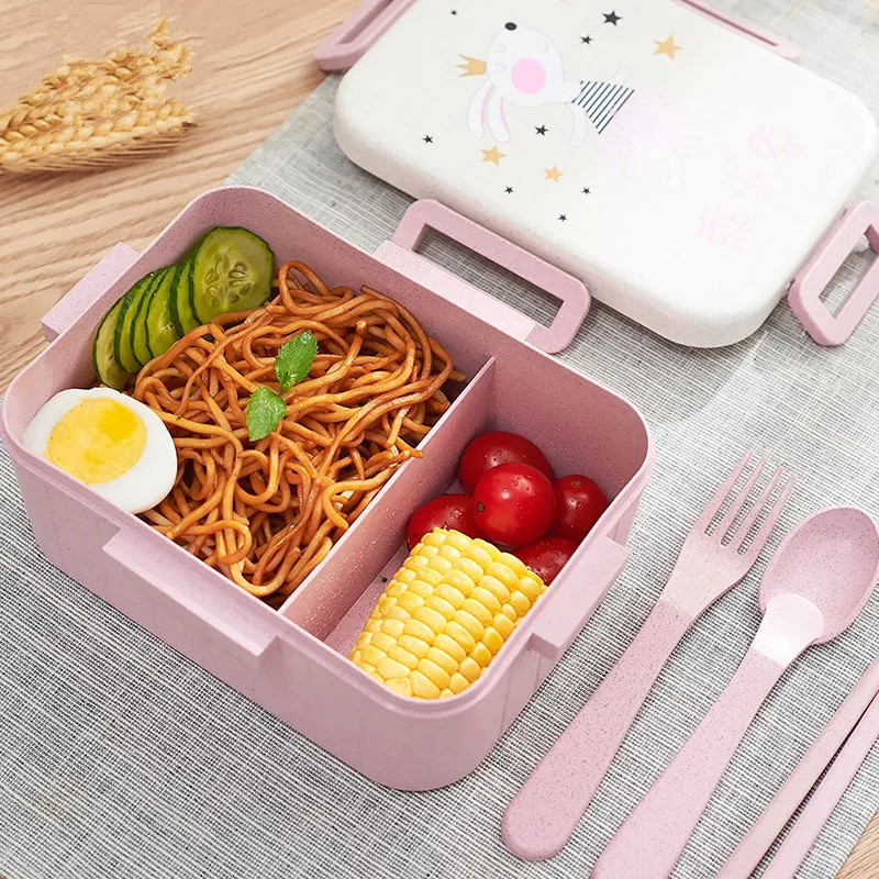 

2 Cell Student Lunch Box for Kid Health Wheat Straw Eco-Friendly Food Storage Bento Boxes with Spoon Fork Chopsticks