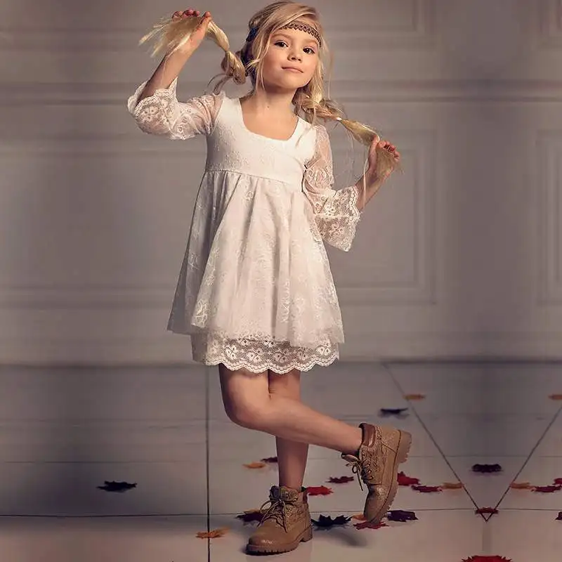 

Girls Lace Sally Three Quarter Flare Sleeve Princess Dress Kids Girl Wedding Birthday Party Dress Girls Costume