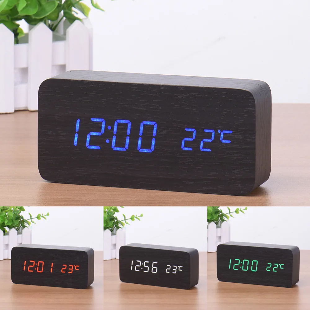 4 Colors New Arrival Wooden Digital LED Alarm Clock Sound Control Desktop Clock USB/AAA Powered