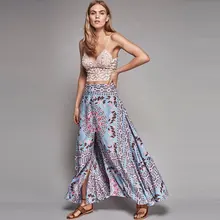Богемия Винтаж праздник летняя пляжная юбка Цветочный принт Высокая Талия Хем Макси бохо-юбка hipie Стиль Для женщин Повседневное плинтус