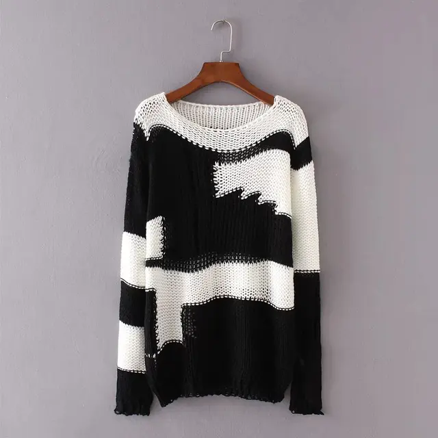 2016 new women sweaters cute black white patchwork loose Thin knitted sweater O neck Coarse