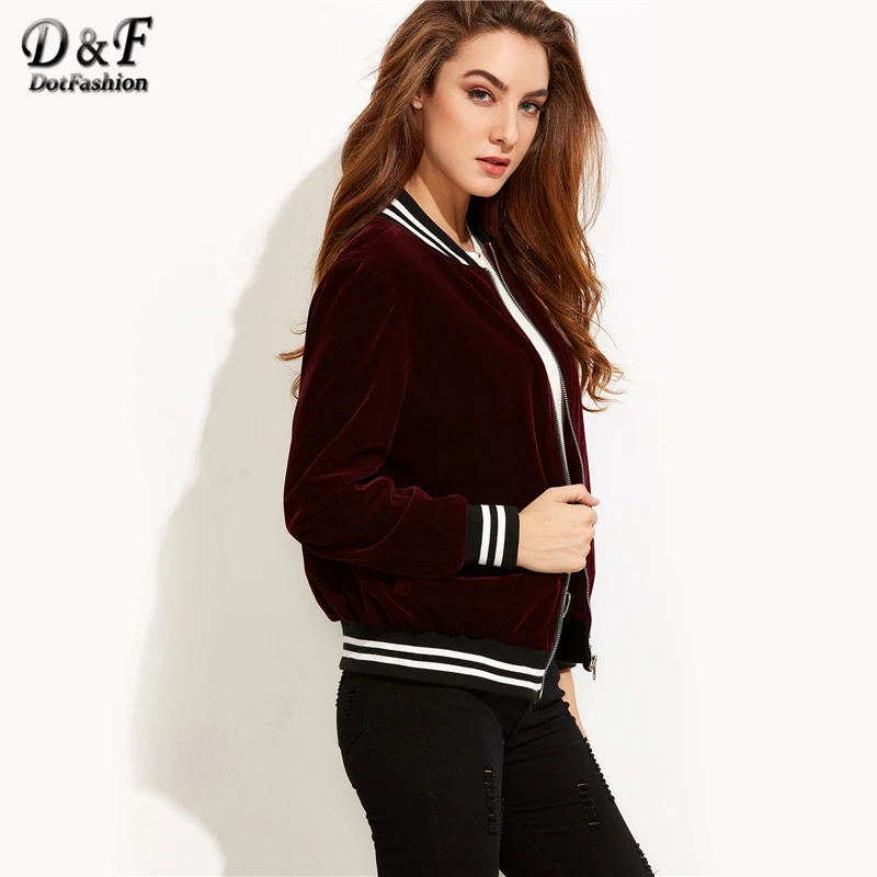 low cost  Dotfashion Varsity Striped Velvet Bomber Jacket 2019 Burgundy Stand Collar Coat Ladies Autumn Long 