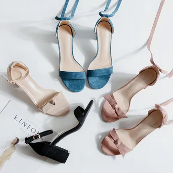 

Women Sandals Female Shoes Woman Summer Flock Buckle 6.5CM Thick heel Comfortable Sandals Ladies Slip-on Sandals Women Sandalias