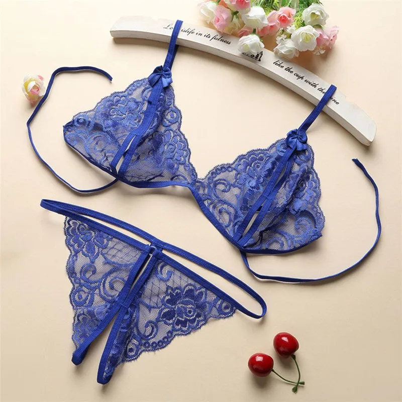 Babydoll 2Pcs Women's Pajamas Sexy Lingerie Thongs+Bras Lace Transparent Panties Sexy Costumes Underwear Female Erotic Lingerie - Цвет: Blue