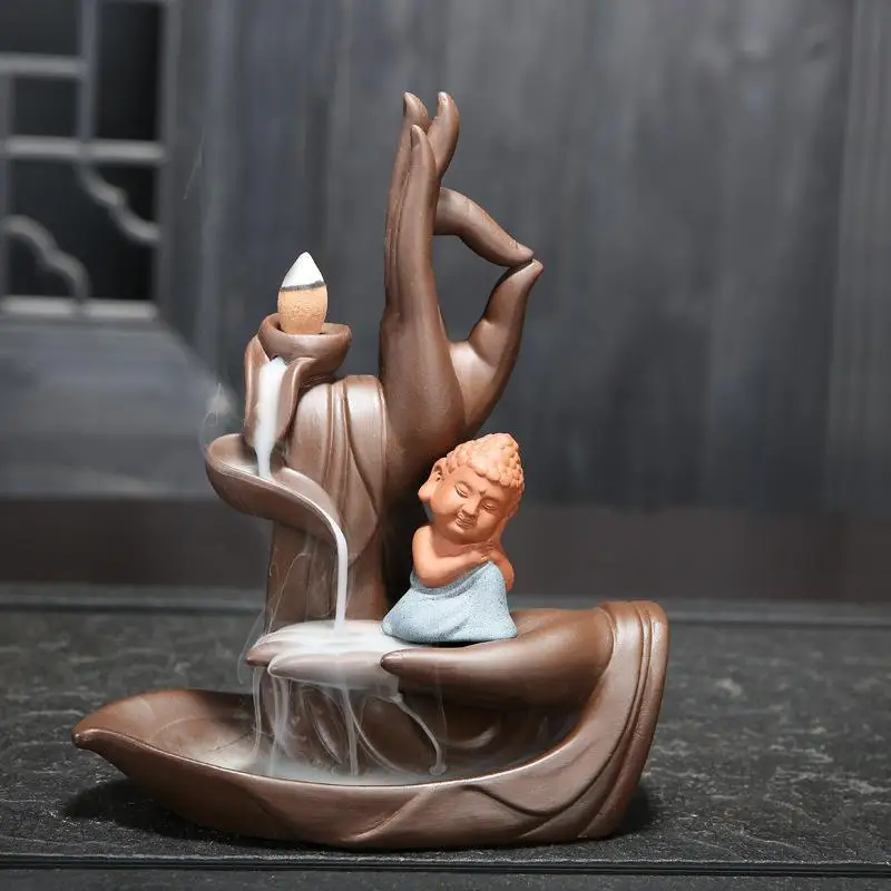 Керамическая курильница для благовоний с обратным потоком в виде Будды, маленький держатель для благовоний в виде Будды с дымом и водопадом, украшение в виде цветка лотоса, украшение для благовоний Будды