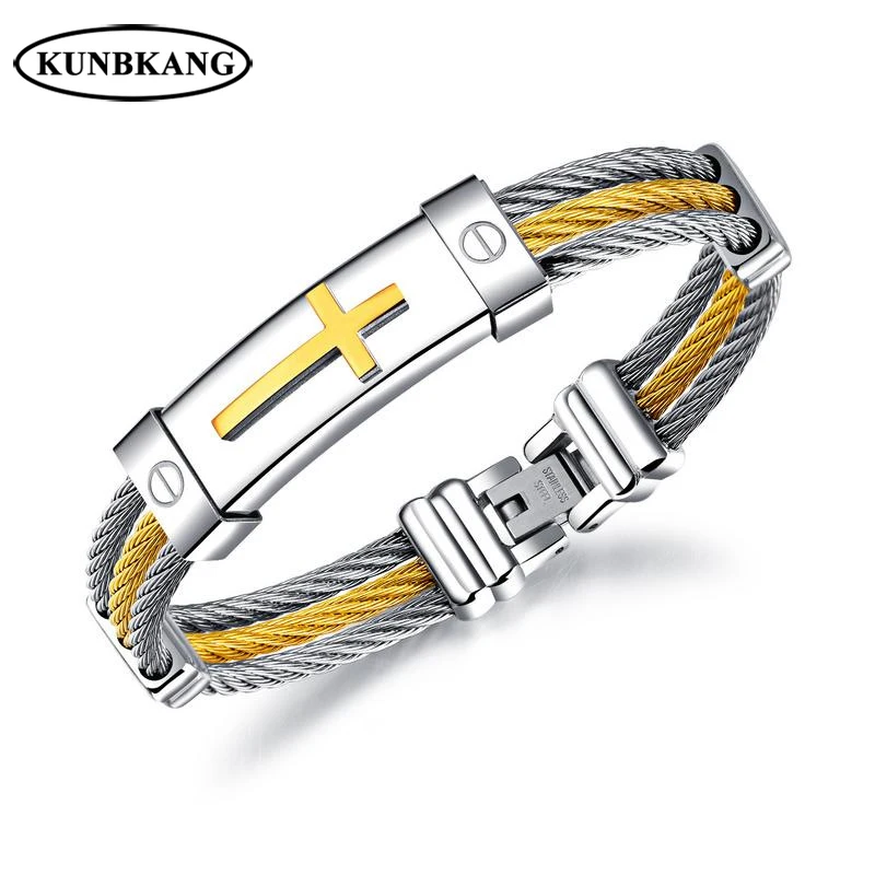 

New Gold Color Cross Bracelet For Men Stainless Steel Religious Cuff Bracelets Bangles Christian Prayer Male Jewelry Wristband