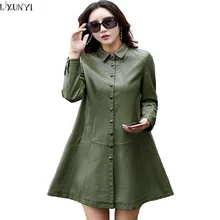 LXUNYI однобортное кожаное пальто для девушек, осень размера плюс, свободный тонкий женский длинный плащ, женские Куртки из искусственной кожи