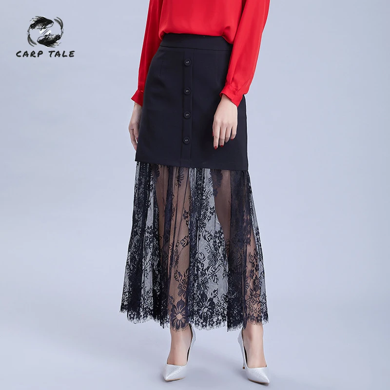 

Spring new women's perspective lace flower stitching button skirt European and American style temperament wild zip skirt