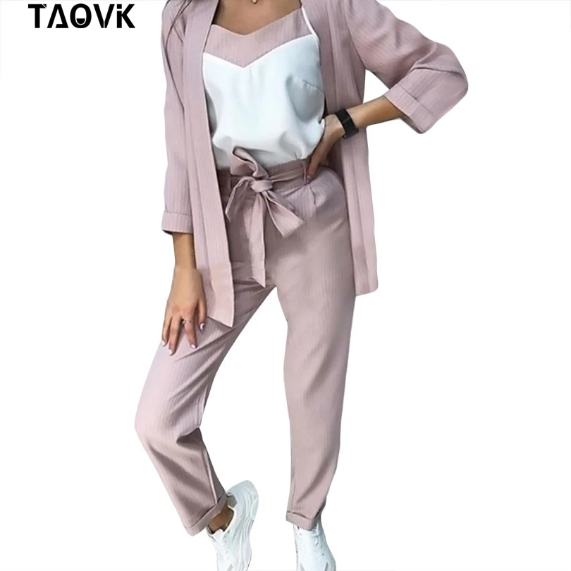 

TAOVK New Women Striped Blazer 3 Piece Set Office Lady Pants Suit V Neck Jacket and Strap Vest and Pant Suits