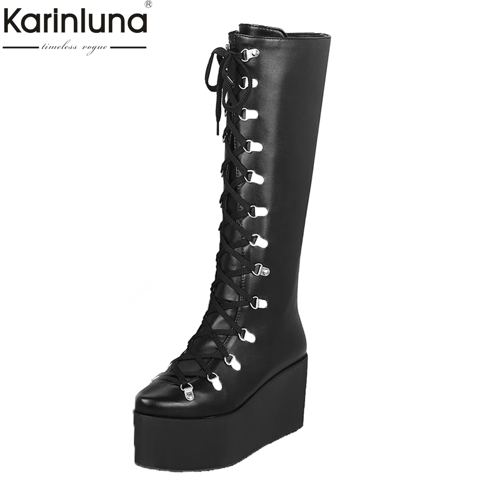 

Karinluna 2018 Plus Size 33-47 cosplay street style cool Fashion wedge high Heels Shoes Woman Boots shoelaces Boots Woman