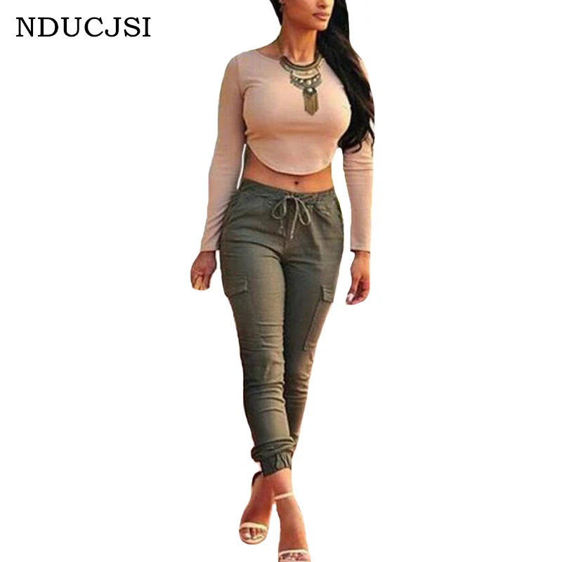

NDUCJSI Hot Sale Punk Trousers Middle Waist Army Green Pants Cargo Women Fashion Camo Pants Streetwear Pants Female Drawstring