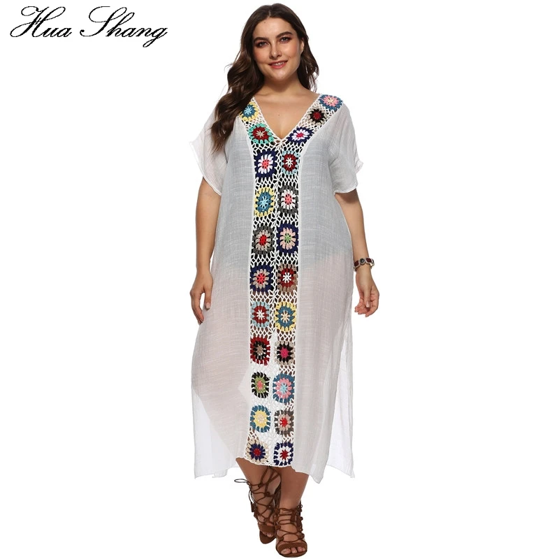 

White Tunic Beach Dress Plus Size Women Summer Short Sleeve Crochet Floral Hollow Out Tunic Dress Transparent Sexy Long Dresses