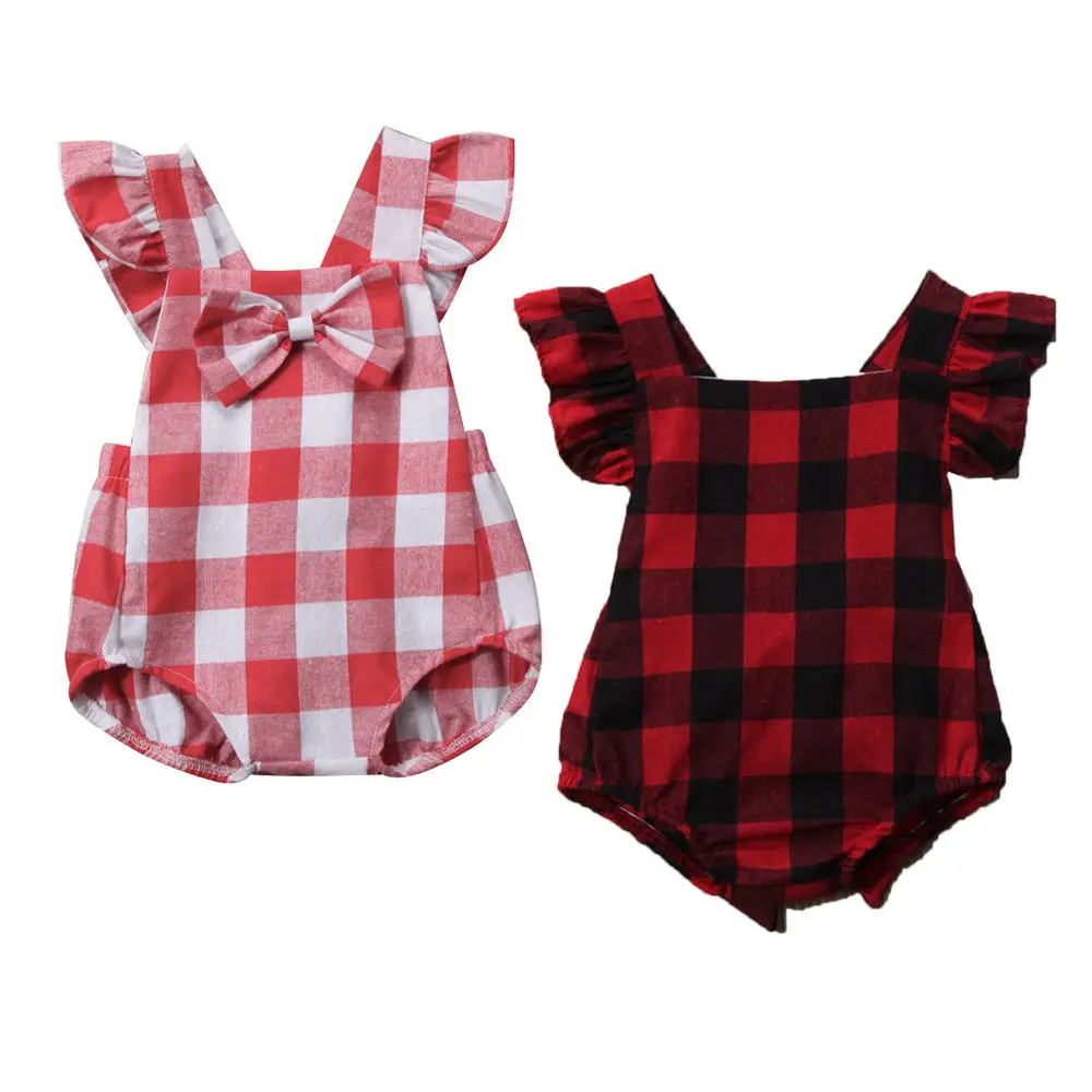 

2017 Newborn Flying Sleeves Baby Girls Bow Backlesss Bodysuit Jumpsuit Clothes Plaid Cute Summer Outfit 0-18M