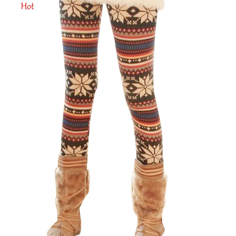 

Thin Leggings Fashion Slim Colorful Crystal Pattern Snowflakes Printed Women's Knitted Leggings Thicken Pants Warm Winter 1992