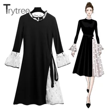 Trytree осеннее платье с лебедем женское повседневное черно-белое платье трапециевидной формы рубашка с рукавом-бабочкой длиной до колена платье с аппликацией платье с лебедем