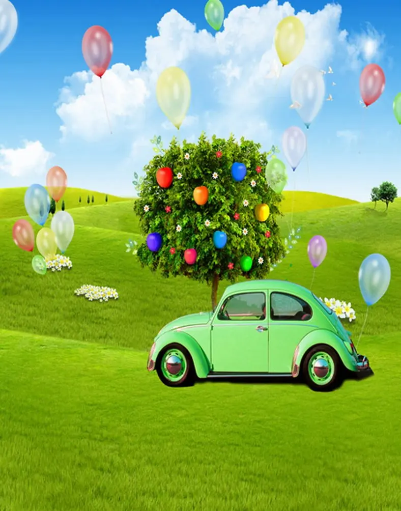 

5x7ft Tree Grass Lawn Car Balloon Photography Backdrops Photo Props Studio Background