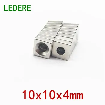 

LEDERE 10/50pcs NdFeB Fix Magnet 10x10x4 mm with M4 Screw Countersunk Hole 4mm Block Neodymium Rare Magnet 10*10*4-4