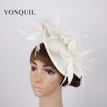 

Copy sinamay wedding women ivory fascinator hat flower hair accessories lady kentucky derby hat fascinator headband with feather