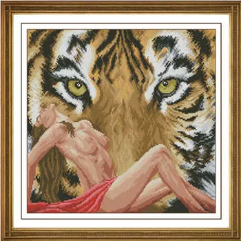 

Animal cross stitch Unprinted Counted Cross Stitch Kits 14ct Embroidery / High-quality cross-stitch- Woman and tiger-D250XZ