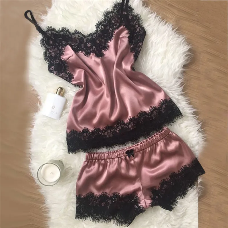 Женская одежда для сна сексуальный атласный комплект Черная кружевная Пижама с v-образным вырезом без рукавов милый топ на бретельках и шорты Pijama Mujer Algodon Veran J#27
