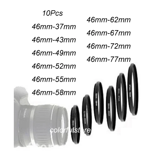 

10x 46mm to 37mm-43mm-49mm-52mm-55mm-58mm-62mm-67mm-72mm-77mm 46 37 43 49 52 55 Stepping Step-Up Ring Camera Lens Filter Adapter