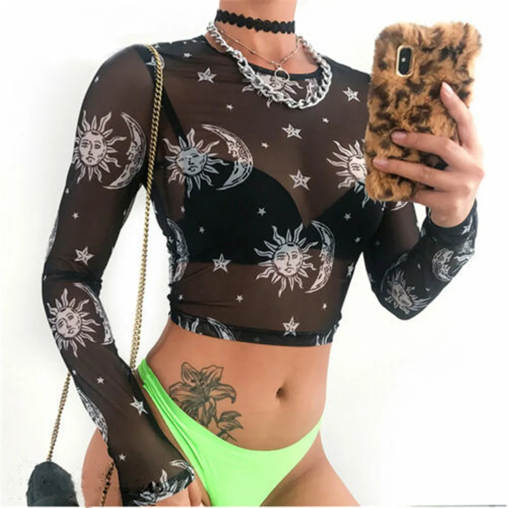 

Ladies long sleeve Sheer Mesh Crop Top Sun Moon Printed See-through short T-shirt lady slim Clubwear high street T-shirt Tops