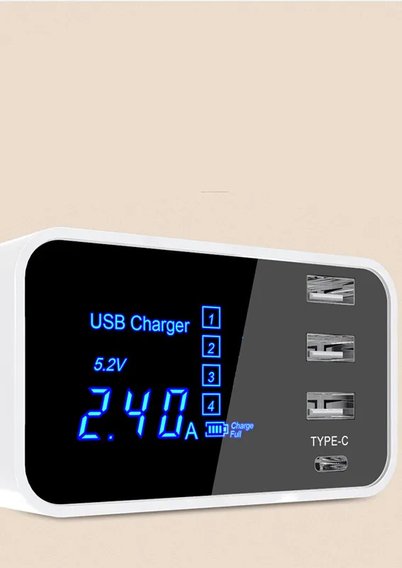 Quick Charge Smart Mobile Phone USB Charger 3 Port USB Type C Fast Charging Charger Wall Power Adapter Led Display Desktop Strip