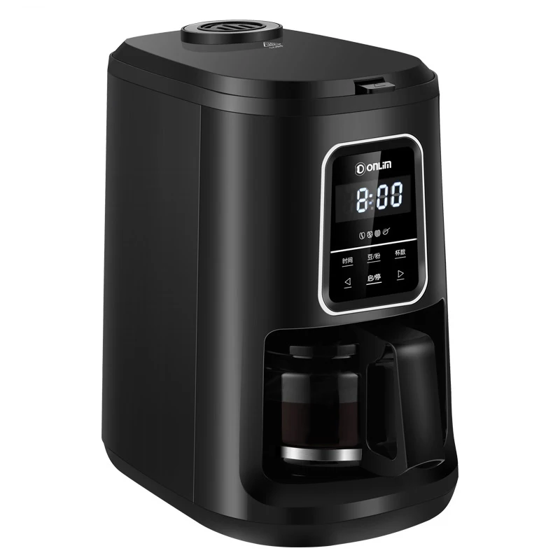Полностью автоматическая кофеварка, американская кофемашина мощностью 900 Вт, светодиодный сенсорный дисплей, емкость 600 мл, кофемолка - Цвет: Черный