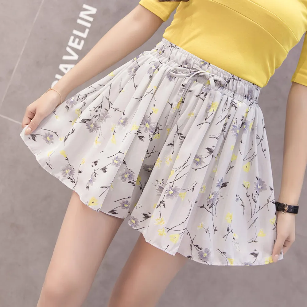 4XL Plus Size Chiffon Shorts Striped High Waisted Wide Leg Summer Short Floral Print Boho Female Casual Skirt Shorts Women - Цвет: Watercolor flower