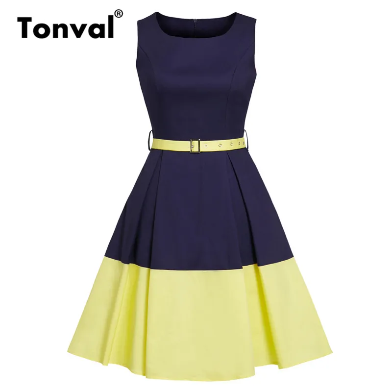 Tonval, темно-синее и желтое цветное винтажное ретро платье, женское приталенное платье с поясом и карманами, офисные женские плиссированные Хлопковые Платья - Цвет: Цвет: желтый