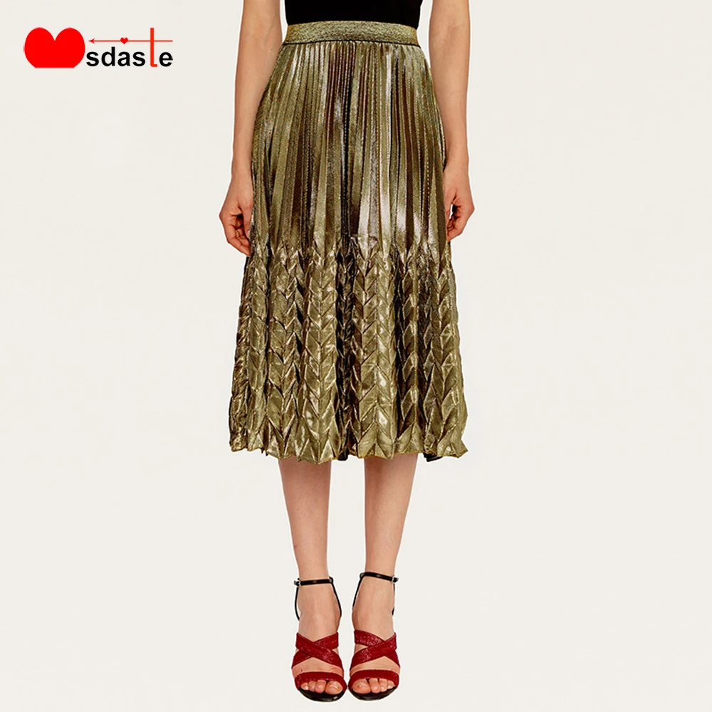 

Pleated Skirt 2019 Spring Autumn Fashion Women's Casual High Waist Solid Color Half Length Elastic Waist Womens Midi Skirts