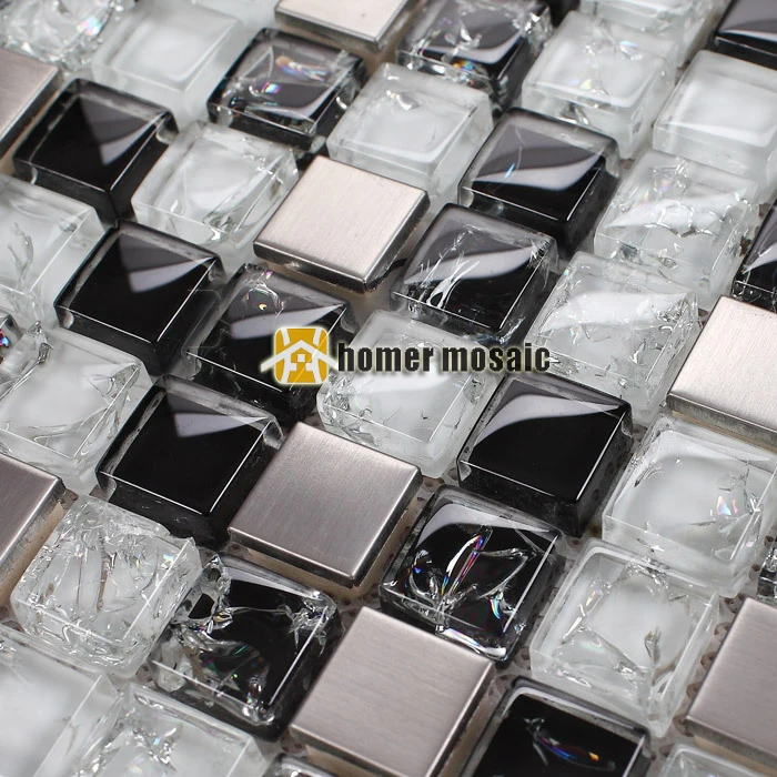 

square ice crackle black mixed clear glass and metal mosaic tile for bathroom shower tiles kitchen backsplash wall tiles HMEE015