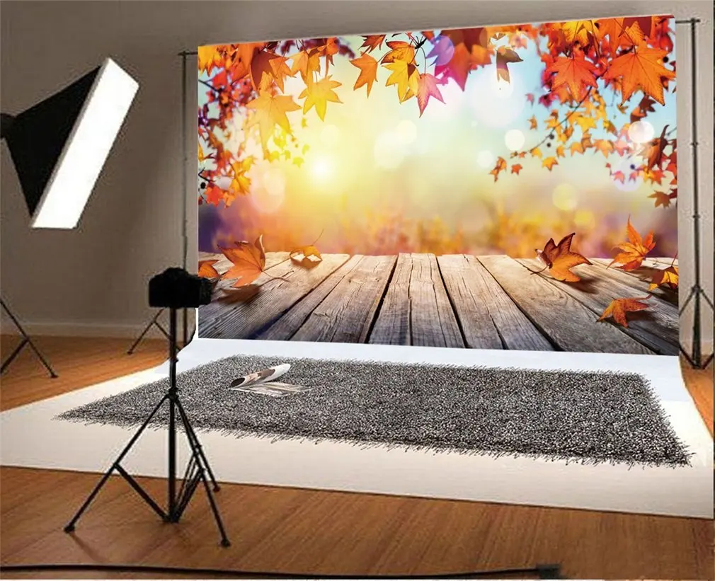 

Photography Backdrop Maple Leaf Golden Leaves Bokeh Halos Sparkle Sequins Rusitc Stripes Wood Floor Autumn Photo Background