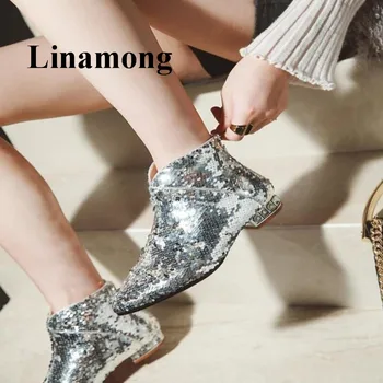 

2018 Fashion Bling Bling Sequined Cloth Autumn Winter Rear Zipper Sexy Pointed Toe Flats Solid Women Ankle Boots Three Colors